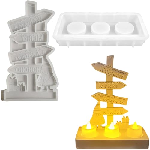 ALEFBET Silikonformen Gießformen, Weihnachten Silikonform Kerzenständer Set, DIY Kerzenhalter Gießform Weihnachten Gipsformen zum Gießen（Weihnachtsstraßenschild） von ALEFBET