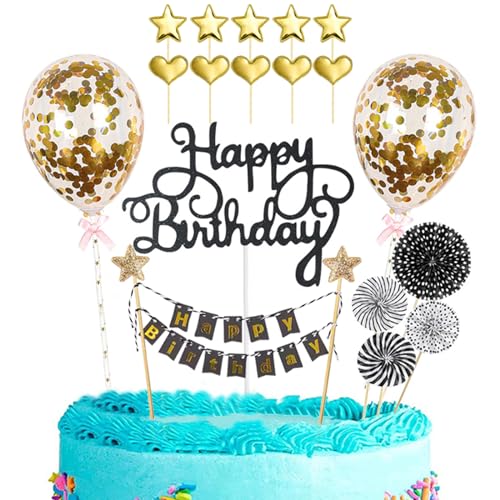 ALEGRE® Happy Birthday Tortendeko Geburtstag Schwarz Gold, Kuchendeko Geburtstag Mädchen Junge, Happy Birthday Cake Topper Geburtstag mit Konfetti Luftballons Liebe Sternen Papierfächer und Bunting von ALEGRE