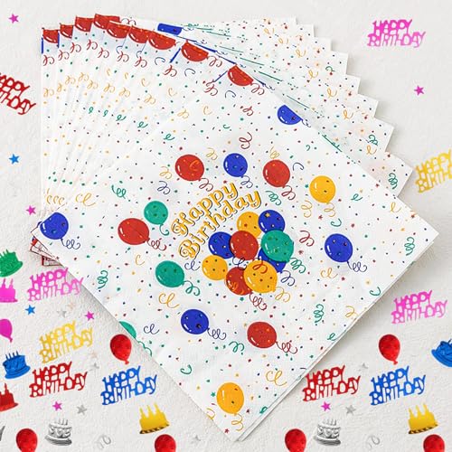 ALEGRE® 20 Stück Servietten Geburtstag + Konfetti Geburtstag Streudeko, Happy Birthday Servietten Kinder, Servietten Kindergeburtstag Bunt mit Ballon Muster, Tischdeko Geburtstag Napkins Servietten von ALEGRE