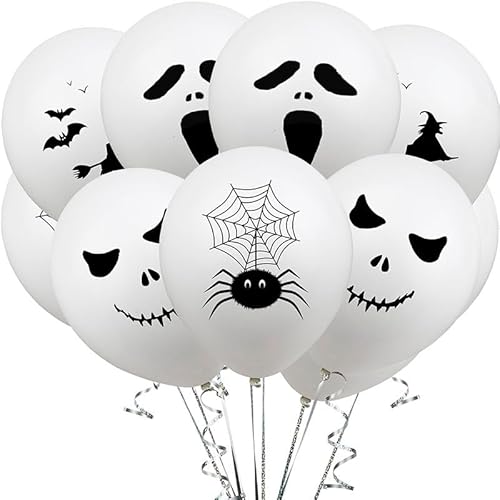 ALEGRE® Halloween Luftballons Weiß, 20 Stk 12 Zoll Halloween Deko Grimasse Ballon, Halloweene Horror Deko Spinnen Fledermäuse Luftballon, Helloween Ballons für Geburtstag,Karneval,Helloween Party Deko von ALEGRE