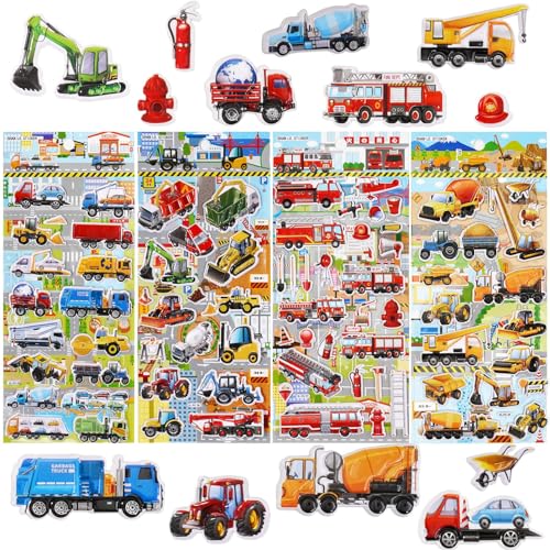 ALEGRE® 3D Sticker Kinder, 4 Blätter Puffy Aufkleber Kinder 3D, Traktor, Feuerwehr, Bagger, Auto Sticker, Kindere Sticker Set für Belohnungssticker Party Kindergeburtstag Gastgeschenke Mitgebsel von ALEGRE