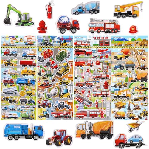 ALEGRE® 3D Sticker Kinder, 4 Blätter Puffy Aufkleber Kinder 3D, Traktor, Feuerwehr, Bagger, Auto Sticker, Kinder Sticker Set für Belohnungssticker Party Kindergeburtstag Gastgeschenke Mitgebsel von ALEGRE