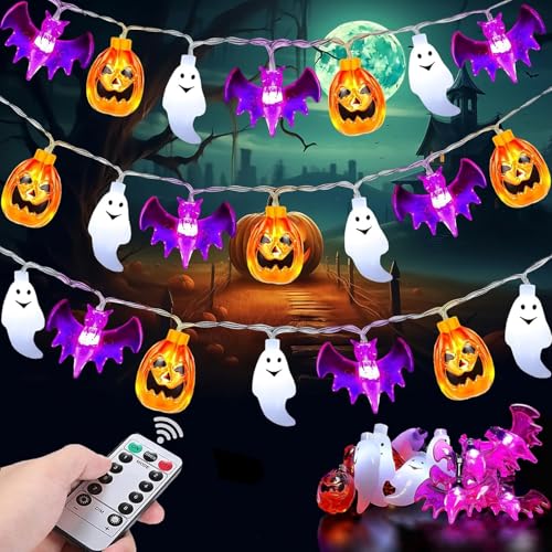 Halloween Lichterkette Batterie mit Timer,3m 20 LED Halloween Deko Kürbis Fledermaus Geist Lichterketten mit Fernbedienung 8 Modi und Timer,Helloween Lichterkette Batteriebetriebene für Garten, Balkon von ALEGRE