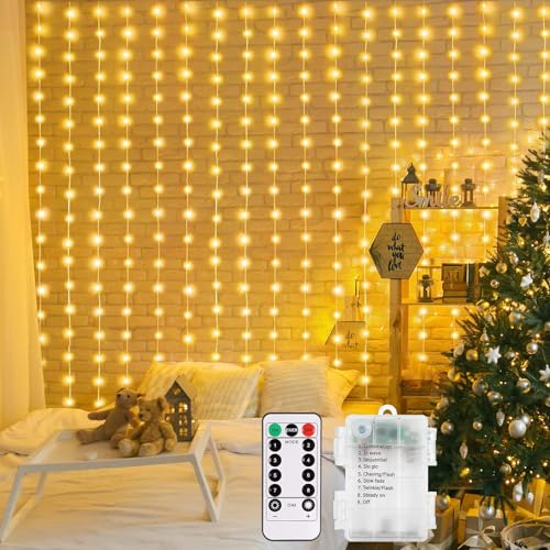 ALEGRE® 3x3m Lichtervorhang Innen, 300 LEDs Warmweiß Lichterketten Vorhang mit 8 Modi Fernbedienung Timer, Wasserdicht Batterie Lichterkette Vorhang Innen Außen für Hochzeit Deko,Weihnachten,Halloween von ALEGRE