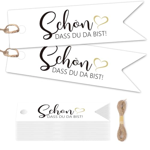 ALEGRE® 50 Stück Schön Dass Du Da Bist Anhänger Hochzeit Geschenkanhänger mit 10m Juteseil, Schön Dass Du Da Bist Gastgeschenk Etiketten Tags für DIY Hochzeitsdeko, Geburtstag, JGA, Taufe Geschenk von ALEGRE