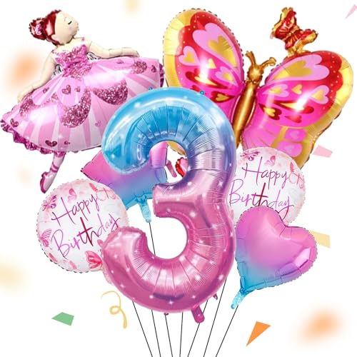 ALEGRE® Ballerina 3 Jahre Geburtstag Deko Mädchen - 7 Stk Schmetterlinge, Happy Birthday, Zahlen 3 Folienballon - Luftballons für Babyparty, Hochzeit, Taufe Party von ALEGRE