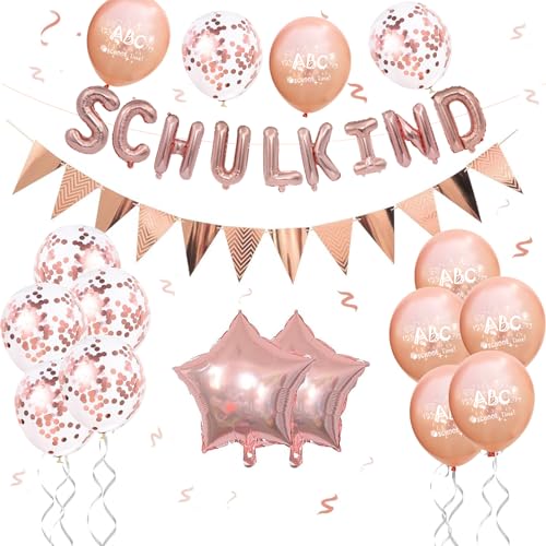 ALEGRE Einschulung Deko Luftballon Girlande Set,Deko Einschulung Junge Mädchen,ABC Zuckertüte Schultüte Jungen Dekoration, Schulanfang Deko,Luftballons Schulkind Rosegold, Schuleinführung Wimpelkette von ALEGRE