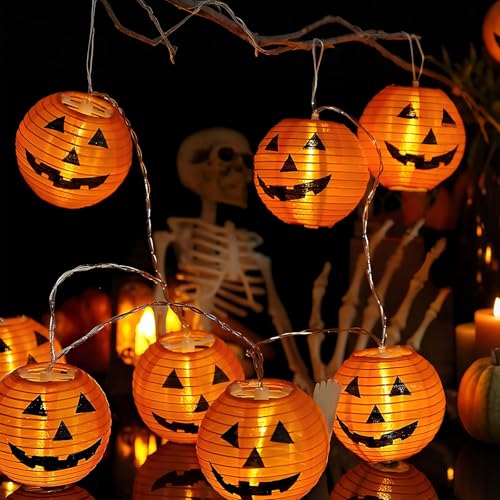 ALEGRE® Halloween Lichterkette Batterie mit Timer, 1,5M 10 LED Kürbis Lampion Lichterkette, Wasserdicht Herbst Halloween Deko Lichterkette Außen Innen, Kürbis Lampions Lichterketten für Garten, Balkon von ALEGRE