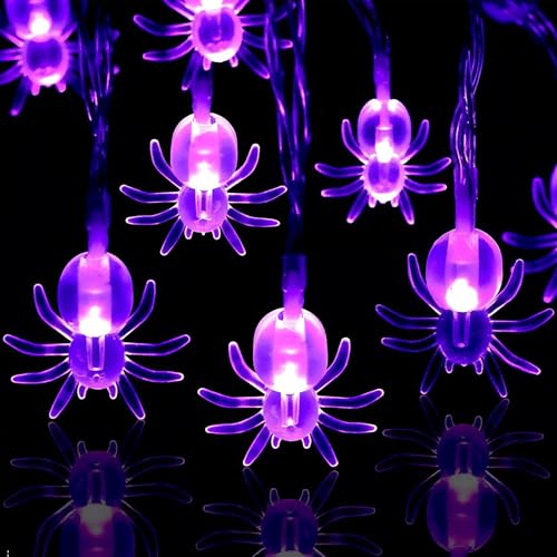 ALEGRE® Halloween Lichterkette Spinne Deko, 3m 20 LED Halloween Deko Spinne Lichterkette Batterie, Helloween Lichterketten Innen Außen, Lila Spinnen Lichterketten Batteriebetriebene für Garten, Balkon von ALEGRE