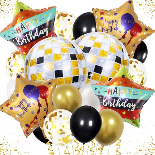 ALEGRE® Happy Birthday Ballon Schwarz Gold, 22 Stück Luftballons Geburtstag, Happy Birthday Folienballon mit Discokugel Luftballon und Konfetti Luftballons, Helium Balloon Geburtstag Party Dekoration von ALEGRE