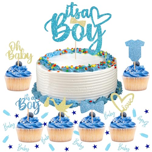 ALEGRE® Its a Boy Tortendeko Babyparty Junge, Baby Shower Deko Boy, Babyparty Deko Junge, Baby Shower Tortendeko Gender Reveal Party Deko, Muffin Deko Blau für Taufe Babyshowerparty von ALEGRE