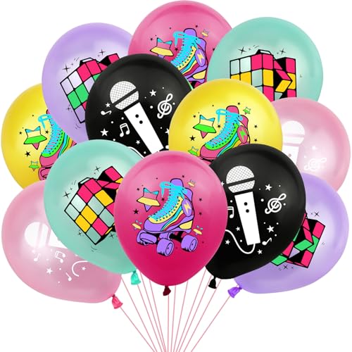 ALEGRE® Luftballons 80er 90er Party Deko, 24 Stück 80er Jahre Deko Ballon Bunt, Rollschuh Zauberwürfel Mikrofon Discokugel Luftballon für 70 80 90er Deko Hip Hop Disco Theme, Geburtstag Party Karneval von ALEGRE