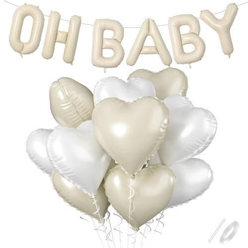 ALEGRE® Oh Baby Deko mit Herz Folienballon, Cremeweiß OH Baby Luftballon, Babyparty Deko Luftballons Geburtstag, OH Baby Ballon für Junge Mädchen Baby Shower Deko, Gender Reveal Babyparty Party Deko von ALEGRE