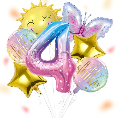 ALEGRE® Sonne Schmetterlinge Deko 4 Geburtstag Mädchen, Folienballon Schmetterling Deko Luftballon 4. Geburtstag, Geburtstagsdeko Mädchen 4 Jahre, Kindergeburtstag Deko für Schmetterling Themen Party von ALEGRE