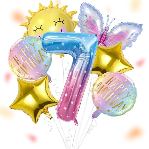 ALEGRE® Sonne Schmetterlinge Deko 7 Geburtstag Mädchen, Folienballon Schmetterling Deko Luftballon 7. Geburtstag, Geburtstagsdeko Mädchen 7 Jahre, Kindergeburtstag Deko für Schmetterling Themen Party von ALEGRE