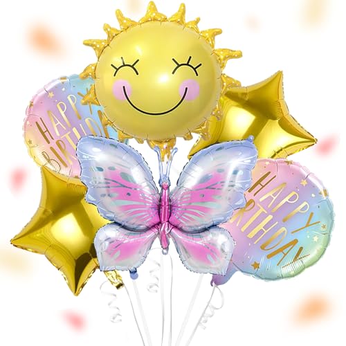 ALEGRE® Sonne Schmetterlings Folienballon, 6 Stück Schmetterling Luftballons Geburtstag Mädchen Set, Helium Balloon Kindergeburtstag Deko, Happy Birthday Ballon für Babyparty,Hochzeit,Taufe Party Deko von ALEGRE