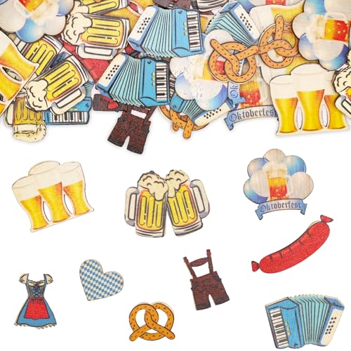 ALEGRE® Streudeko Oktoberfest Deko Konfetti Holz, 50 Stück Edelweiss Bier Dirndl Brezel Lederhose Oktoberfest Tischdeko, Bayrische Deko Confetti für Bier Deko, Bier Oktoberfest Thema Party Dekoration von ALEGRE