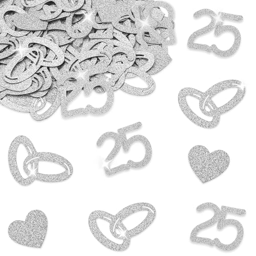 ALEGRE® Streudeko Silberhochzeit Deko, 100 Stk Glitzer Silber Hochzeit Konfetti, Tischdeko Hochzeit Deko Silberhochzeit 25, Silber Hochzeite Streudeko für 25 Jahre Silberhochzeite, 25. Geburtstag Deko von ALEGRE