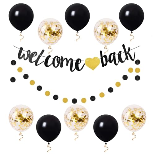 ALEGRE® Willkommen Zurück Deko Set mit 12 Stück Schwarz-Gold Welcome Back Ballons, Girlande, Banner und Konfetti für Familientreffen, Babyshower, Party von ALEGRE