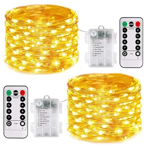 ALEGRE 2 Stk led Lichterkette Batterie mit Timer, 5M 50 LED Lichterketten mit Fernbedienung 8 Modi und Timer, Wasserdicht Kupferdraht Lichterkette Innen Außen für Hochzeit Deko, Weihnachten, Halloween von ALEGRE