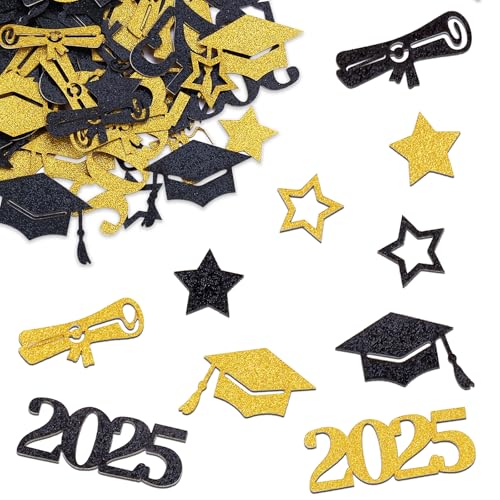 2025 Graduation Deko Konfetti Schwarz Gold, 100 Stk Abschluss Deko Bachelor Deko Tischdeko, Prüfung Bestanden Deko Confetti,Abschluss Hut Streudeko für Congratulations Grad Bestandene Prüfung Geschenk von ALEGRE