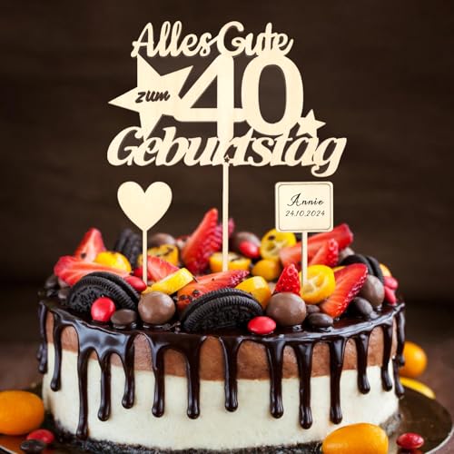 ALEGRE Holz Cake Topper 40 Geburtstag Männer Frauen,Alles Gute zum 40 Geburtstag Deko Muffins,Tortendeko 40 Geburtstag Frau Mann,Kuchendeko 40. Geburtstag mit Herz Torten Topper, Geburtstagsdeko 40 von ALEGRE