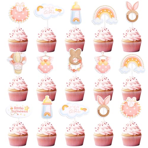 ALEGRE Babyparty Tortendeko Taufe Mädchen,36 Stück It's A Girl Deko Kuchen,Baby Girl Cupcake Topper Rosa,Baby Shower Tortendeko Gender Reveal Party Deko,Babyparty Deko Mädchen für Taufe Baby Shower von ALEGRE