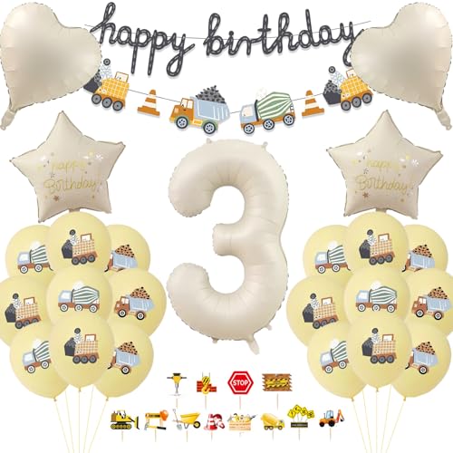 ALEGRE Bagger Geburtstag Deko 3 Jahre, Baustellen Deko 3. Geburtstag Junge, Geburtstagsdeko 3 Jahre Set mit Bagger Luftballon,Tortendeko,Happy Birthday Girlande, Baustellen Deko Kindergeburtstag Party von ALEGRE