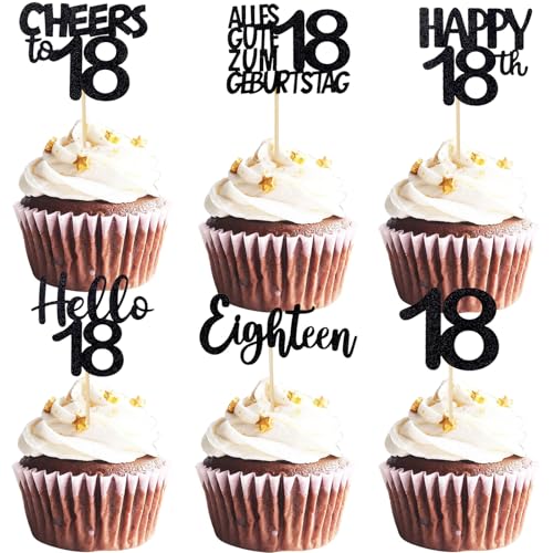 ALEGRE Cupcake Topper 18. Geburtstag Junge,24 Stück Muffin Deko 18 Geburtstag,Schwarz Glitzer Cupcake Deko 18. Geburtstagdeko Mädchen,Happy 18th Tortendeko 18 Geburtstagdeko,2007 Kuchen Deko 18 von ALEGRE