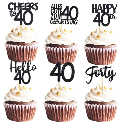 ALEGRE Cupcake Deko 40 Geburtstag,24 Stück Tortendeko 40 Geburtstag Mann Frau,Schwarz Muffin Deko 40. Geburtstagdeko,Cheers to 40 Cupcake Topper 40. Geburtstagdeko,Happy 40th Kuchendeko 40 von ALEGRE