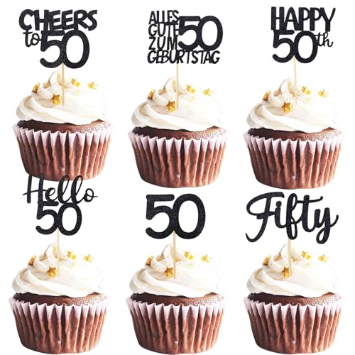 ALEGRE Cupcake Topper 50 Geburtstag Deko,24 Stück Schwarz Tortendeko 50 Geburtstag Mann Frau,Glitzer Muffin Deko 50 Geburtstagdeko,Cheers to 50 Kuchen Deko 1975 Geburtstagdeko,Cupcake Deko 50 Jahre von ALEGRE