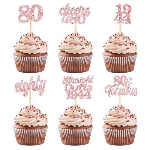 ALEGRE Rosegold Cupcake Toppers 80 Geburtstag,Glitzer Tortendeko 80 Geburtstag Frau Mann,Straight Outta 1944 Kuchen Deko Geburtstag,80 Geburtstag Deko,Cheers to 80 Muffin Deko von ALEGRE