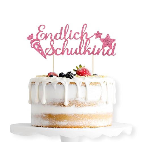 ALEGRE Endlich Schulkind Cake Topper Rosa, Glitzer Schulanfang Tortendeko Einschulung Torten Deko, Schulkind 2024 Kuchen Deko, Zuckertüte Kuchendeko für Junge Mädchen Schuleinführung Party Dekoration von ALEGRE