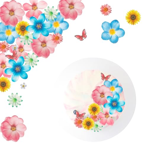 ALEGRE Essbare Blume Schmetterling Tortendeko, 55 Stück Essbare Blumen für Torte, Große Blüten Deko Torte Essbar, Bunt Gänseblümchen Cupcake Deko, Esspapier Kuchendeko für Geburtstag, Hochzeit von ALEGRE