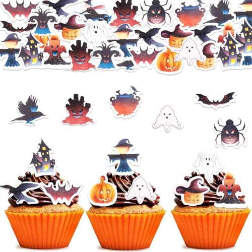 ALEGRE Halloween Tortendeko Essbar,48 Stück Cupcake Topper Halloween Deko Kuchen Essbar,Essbare Fledermaus Muffin Deko,Esspapier Kürbis Hexe Kuchen Deko Halloweenparty von ALEGRE