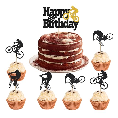 ALEGRE Fahrrad Tortendeko Geburtstag 13 Stück Glitzer Cake Topper Fahrrad,Happy Birthday Kuchendeko Schwarzes,Fahrrad Cupcake Topper Sport Thema Party Dekoration,Fahrrad Deko Torten für Mann Junge von ALEGRE