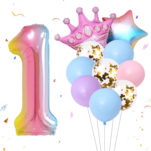 ALEGRE Geburtstagsdeko 1 Jahr Mädchen, Luftballons Deko 1. Geburtstag Mädchen, Ballon 1 Geburtstag Mädchen Rosa Deko, 1 Jahr Geburtstag Mädchen Set mit 1. Zahlen Ballons, Krone Folienballon Party Deko von ALEGRE