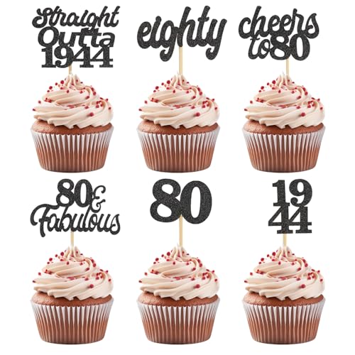 ALEGRE Glitzer Cupcake Topper 80 Geburtstag,24 Stück Schwarz Tortendeko 80 Geburtstag Frau Mann,Straight Outta 1944 Cupcake Deko 80. Geburtstag,Cake Topper 80 Geburtstag Deko,Cheers to 80 Kuchendeko ALEGRE Glitzer Cupcake Topper 80 Geburtstag,24 Stück Schwarz Tortendeko 80 Geburtstag Frau Mann,Straight Outta 1944 Cupcake Deko 80. Geburtstag,Cake Topper 80 Geburtstag Deko,Cheers to 80 Kuchendeko von ALEGRE