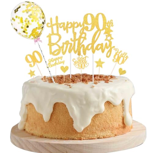 ALEGRE Torten Deko 90. Geburtstag Frau Mann,10 Stück Cake Topper 90 Geburtstag Deko,Gold Glitzer 90. Geburtstag Tortendeko,Happy 90th Birthday Kuchendeko 90. Geburtstag,Hello 90 Cake Topper von ALEGRE