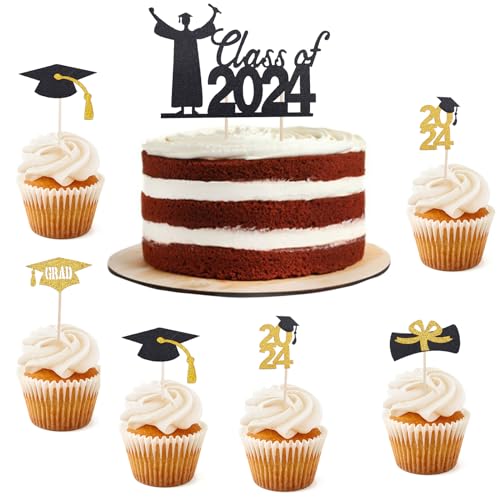 ALEGRE Graduation Tortendeko Abschluss Deko Schwarz Gold,13 Stück Graduation Cap Cake Topper ABI 2024 Kuchen Deko,Glitzer Abschluss Deko für Torten zum Abschlussfeier,2024 Graduation Party von ALEGRE