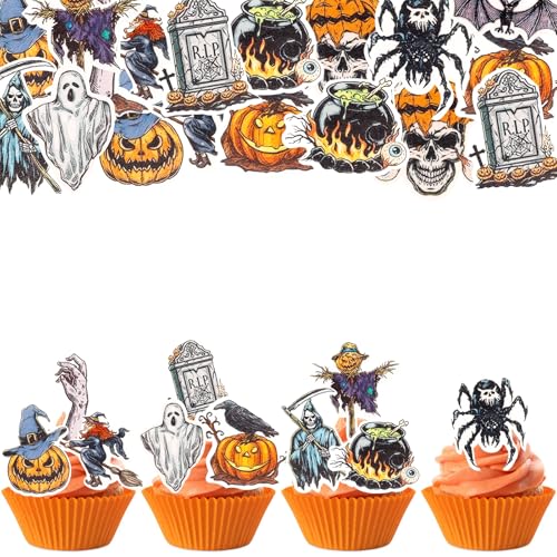 ALEGRE 48 Stück Essbare Halloween Tortendeko 12 Stile,Cupcake Deko Halloween Deko Kuchen Essbar,Hexe Muffin Dekoration,Kuchendeko Halloweenparty Sensenmann Kürbis Fledermaus Spinne Grabstein von ALEGRE
