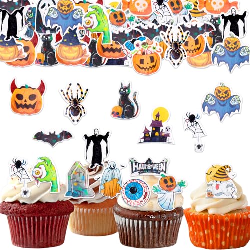 ALEGRE Halloween Tortendeko Essbar,60 Stück Essbare Halloween Cupcake Topper,Geister Bat Kuchen Deko Essbar,Esspapier Spinnen, Fledermäuse, Geister Muffin Deko für Horror Mottoparty Supplies von ALEGRE