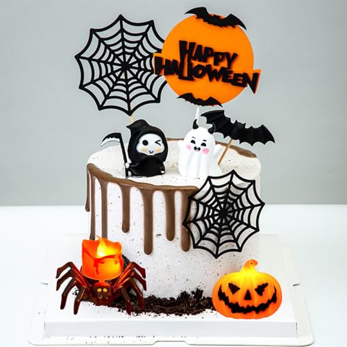 ALEGRE Tortendeko Halloween Deko Kuchen,9 Stück LED Kürbis Cake Topper,Happy Halloween Tortendeko,LED Spinne Deko Torte Horror Dekoration,Süß Geist Kuchendeko Halloweenparty Sensenmann Spinnennetz von ALEGRE