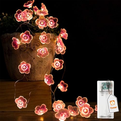 ALEGRE® LED Lichterkette Kirschblüten mit Timer, 2M 20 LED Rosa Lichterkette Blumen, Kirschblüten Deko Lichterketten Innen Außen, Lichterkette mit Timer für Hochzeit,Schlafzimmer,Garten,Frühling Deko von ALEGRE