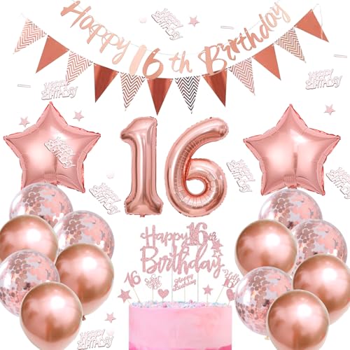 ALEGRE Sweet 16 Geburtstag Deko Mädchen,Luftballon 16. Geburtstag Roségold,Geburtstagsdeko 16 Jahr Mädchen,Happy 16th Birthday Tortendeko,Sweet Sixteen Deko Girlande Konfetti Partyzubehör für 16 jahre von ALEGRE