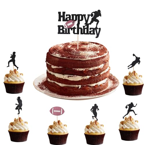 ALEGRE Rugby Tortendeko Junge 13 Stück Glitzer Cupcake Topper Schwarz,Kuchen Deko Geburtstag Mann,Rugby Tortenaufleger Geburtstag Kinder,Happy Birthday Kuchendeko Sport Thema Party Zubehör von ALEGRE