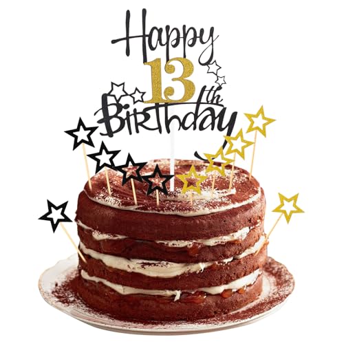 ALEGRE Tortendeko 13. Geburtstag Mädchen Jungen,Happy 13th Birthday Cake Topper,Teenager Geburtstagsdeko 13 Jahre,Glitzer Kuchen Deko 13 Geburtstag,Schwarz Gold Kuchen Topper Stern von ALEGRE