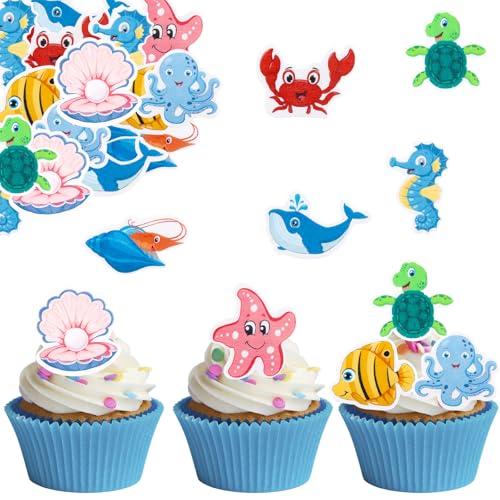 ALEGRE Essbare Meerestiere Deko für Torte,56 Stück Ozean Thema Tortendeko Essbar,Esspapier Tortendeko Unterwasserwelt,Essbare Seepferdchen Cupcake Toppers,Meeresfisch Muffin Deko für Taufe Geburtstag von ALEGRE