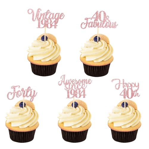 ALEGRE Vintage 1984 Cupcake Toppers Rosegold Tortendeko 40 Geburtstag Frau,25 Stück Awesome Since 1984 Kuchendeko Glitzer Deko 40 Geburtstag,Happy 40th Birthday Muffin Deko Geburtstagsdeko 40 von ALEGRE