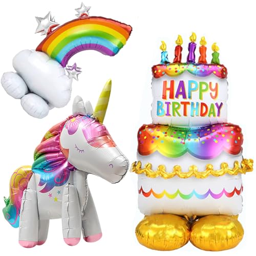 Einhorn Luftballons Tiere,Einhorn Deko Kindergeburtstag,3D Regenbogen Happy Birthday Einhorn Folienballon Stehend,Einhorn Ballon Mädchen Dekoration,Einhorn Luftballon für Kinder Geburtstag Party Deko von ALEGRE